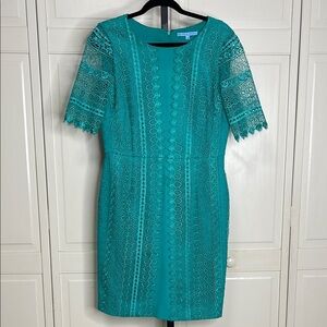 Antonio Melani Women’s Crochet Lace Sheath Dress Short Sleeve Teal Green Size 10